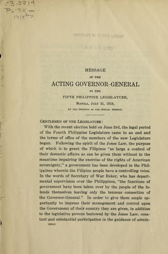 Cover for Message of acting Governor-general Charles E. Yeater to the fifth Philippine Legislature delivered July 21, 1919