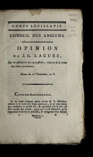 Cover for Opinion de J.G. Lacue e, sur la re solution du 14 messidor, relative a   la vente des biens nationaux