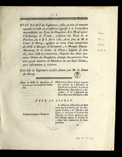 Cover for Etat exact des signatures, telles qu'elles se trouvent appose es `a l'acte de protestation signifie  `a la commission interme diaire des Etats de Dauphine