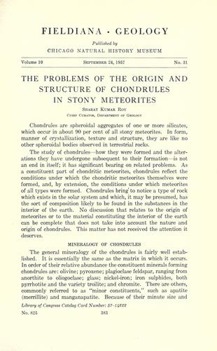 Cover for The problems of the origin and structure of chondrules in stony meteorites