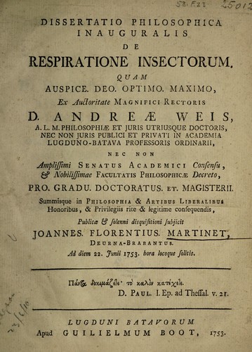 Cover for Dissertatio philosophica inauguralis de respiratione insectorum