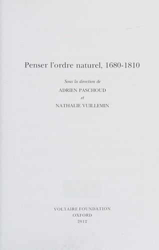 Cover for Penser l'ordre naturel, 1680-1810