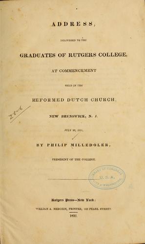 Cover for Address, delivered to the graduates of Rutgers college, at commencement held in the Reformed Dutch church
