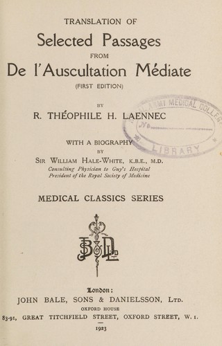 Cover for Translation of selected passages from De l'auscultation médiate (first edition)