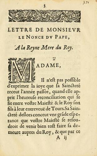 Cover for Lettre de Monsievr le Nonce dv Pape, a la Reyne Mere du Roy. Traduitte d'Italien en François.