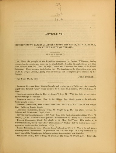 Cover for Descriptions of plants collected along the route, by W.P. Blake, and at the mouth of the Gila