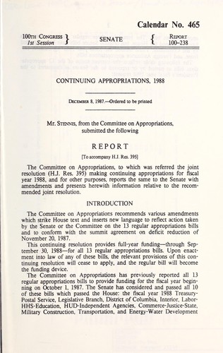 Cover for Continuing appropriations, 1988