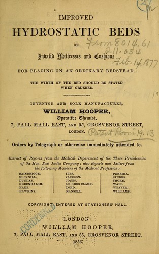 Cover for Improved hydrostatic beds, or, Invalid mattresses and cushions for placing on an ordinary bedstead