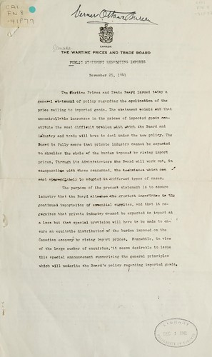 Cover for PUBLIC STATEMENT RESPECTING IMPORTS