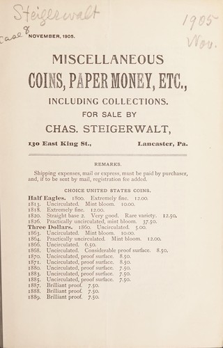 Cover for Miscellaneous coins, paper money, etc., including collections. [Fixed price list, November 1905]