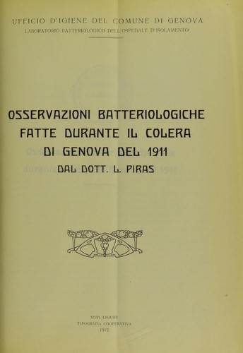 Cover for Osservazioni batteriologiche fatte durante il colera di Genova del 1911