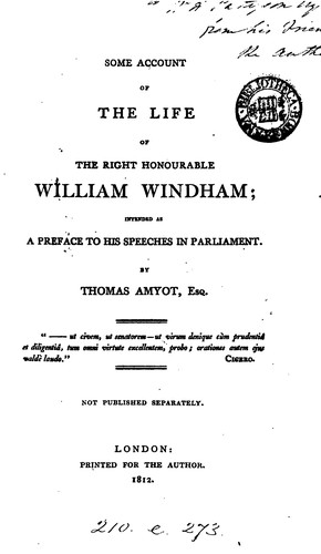Cover for Some account of the life of ... William Windham; intended as a preface to his Speeches in parliament