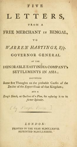 Cover for Five letters from a free merchant in Bengal, to Warren Hastings