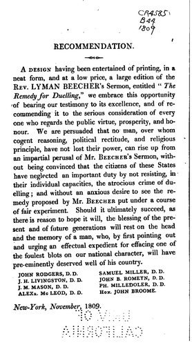 Cover for The Remedy for Duelling: A Sermon, Delivered Before the Presbytery of Long-Island, at the ...