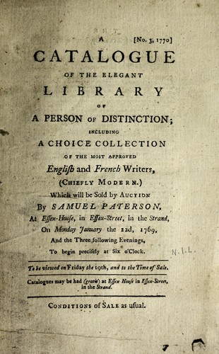 Cover for Elegant library of a person of distinction, including a choice collection of the most approved English and French writers (chiefly modern)