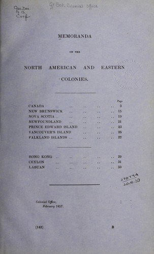 Cover for Memoranda on the North American and eastern colonies.