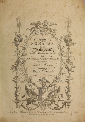 Cover for Three sonatas for the piano-forte, with accompaniments for a flute & violoncello, op. XXI