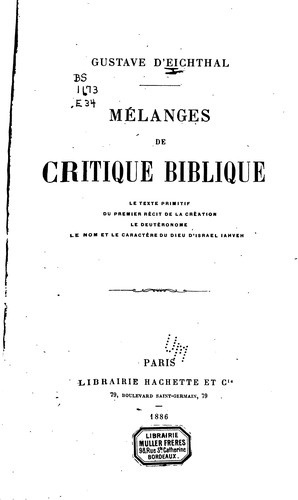 Cover for Mélanges de critique biblique: Le texte primitif du premier récit de la création, le Deutéronome ...