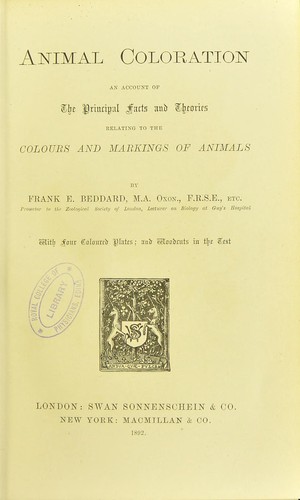 Cover for Animal coloration : an account of the principal facts and theories relating to the colours and markings of animals