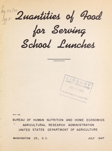 Cover for Quantities of food for serving school lunches.