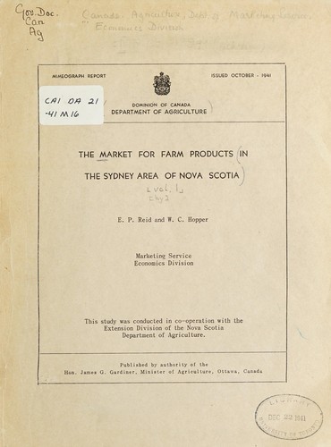 Cover for MARKET FOR FARM PRODUCTS IN THE SYDNEY AREA OF NOVA SCOTIA