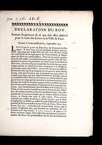 Cover for Declaration du roy, portant reglement de ce qui doit estre observe  pour la vente des livres en la ville de Paris
