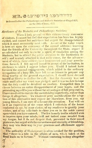 Cover for Address delivered before the Philanthropic and Dialectic Societies, at Chapel-Hill