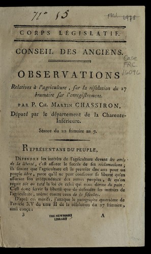 Cover for Observations relatives a   l'agriculture, sur la re solution du 27 brumaire sur l'enregistrement