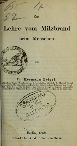 Cover for Zur Lehre vom Milzbrand beim Menschen