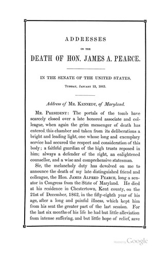 Cover for Addresses on the Death of Hon. James A. Pearce