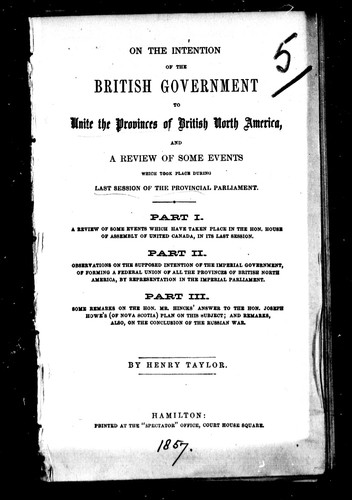 Cover for On the intention of the British government to unite the provinces of British North America