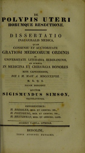 Cover for De polypis uteri horumque resectione. Dissertatio inauguralis medica ...