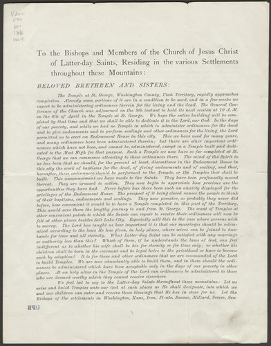 Cover for To the bishops and members of the Church of Jesus Christ of Latter-day Saints, residing in the various settlements throughout these mountains ...