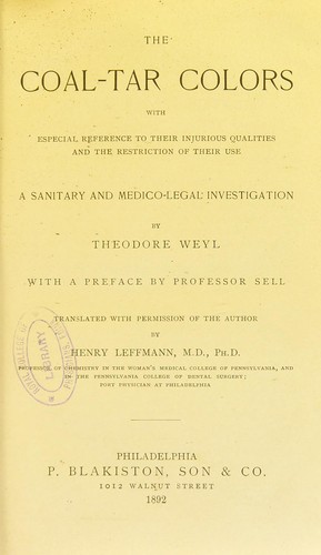Cover for The coal-tar colors : with especial reference to their injurious qualities and the restriction of their use : a sanitary and medico-legal investigation