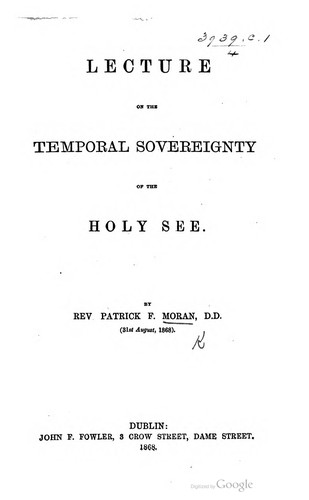 Cover for Lecture on the temporal sovereignty of the Holy See