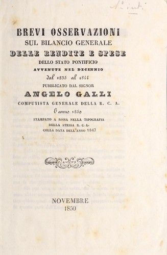 Cover for Brevi osservazioni sul bilancio generale delle rendite e spese dello Stato Pontificio avvenute nel decennio dal 1835 al 1844