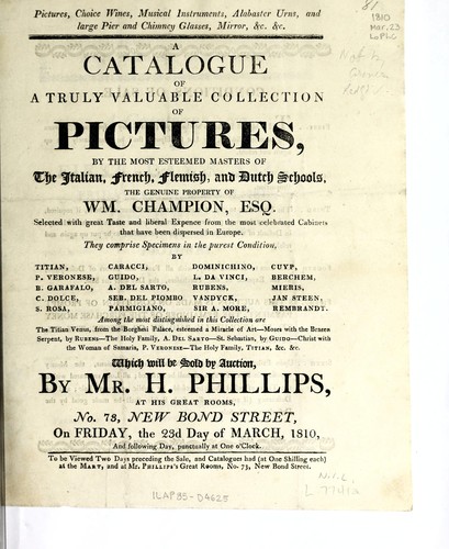 Cover for A catalogue of a truly valuable collection of pictures, by the most esteemed masters of the Italian, French, Flemish, and Dutch schools, the genuine property of Wm. Champion, ...