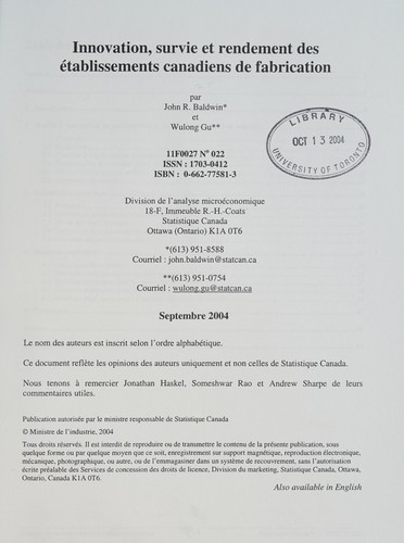 Cover for Innovation, survie et rendement des établissements canadiens de fabrication