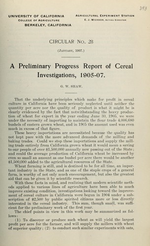 Cover for A preliminary progress report of cereal investigations, 1905-07
