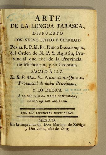 Cover for Arte de la lengua tarasca