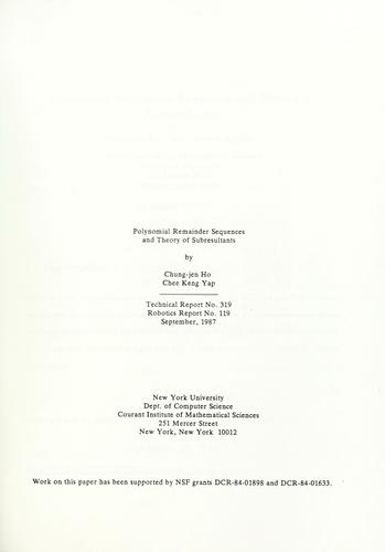 Cover for Polynomial remainder sequences and theory of subresultants