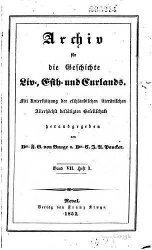Cover for Archiv für die Geschichte Liv-, Esth-, und Curlands