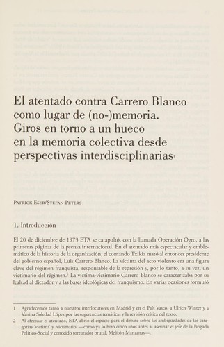 Cover for Atentado Contra Carrero Blanco Como Lugar De memoria