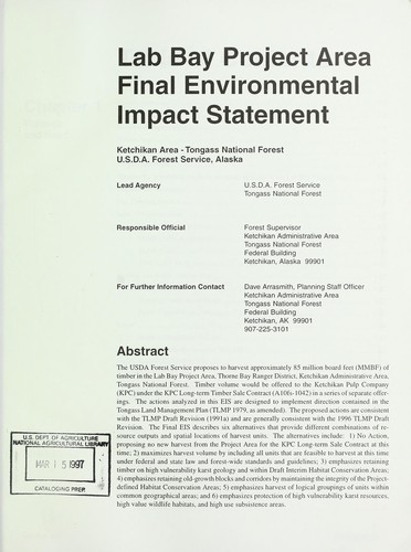 Cover for Lab Bay project area final environmental impact statement