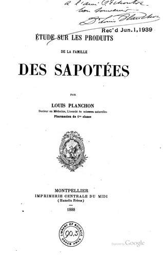 Cover for Étude sur les produits de la famille des Sapotées
