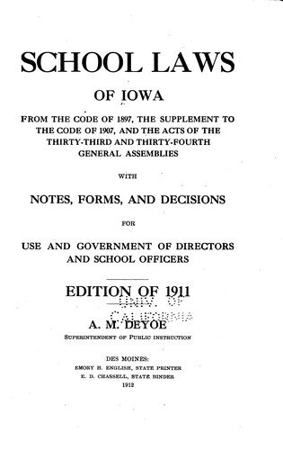 Cover for School Laws of Iowa from the Code of 1897, the Supplement to the Code of ...