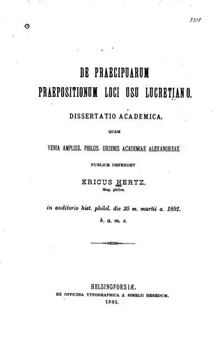 Cover for De praecipuarum praepositionum loci usu Lucretiano ...