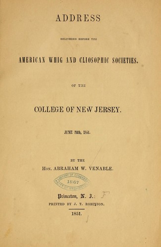 Cover for Address delivered before the American Whig and Cliosophic societies of the College of New Jersey, June 24, 1851