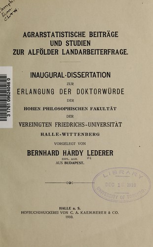 Cover for Agrarstatistische Beiträge und Studien zur Alfölder Landarbeiterfrage