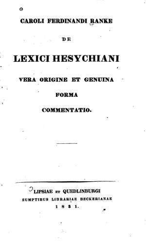 Cover for Caroli Ferdinandi Ranke De Lexici Hesychiani vera origine et genuina forma commentatio